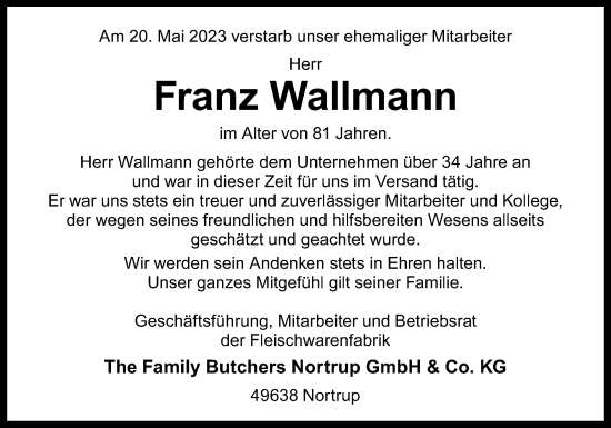 Traueranzeige von Franz Wallmann von Neue Osnabrücker Zeitung GmbH & Co. KG