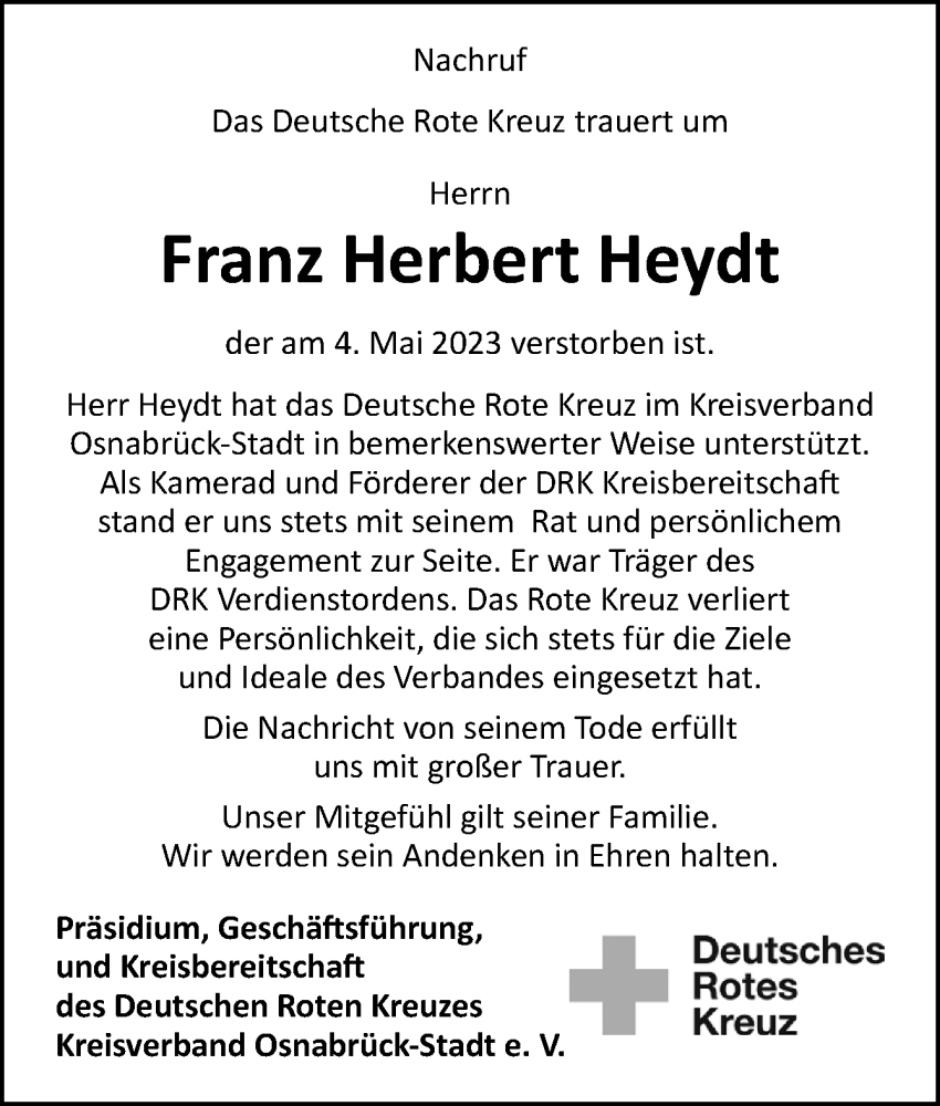  Traueranzeige für Franz Herbert Heydt vom 27.05.2023 aus Neue Osnabrücker Zeitung GmbH & Co. KG