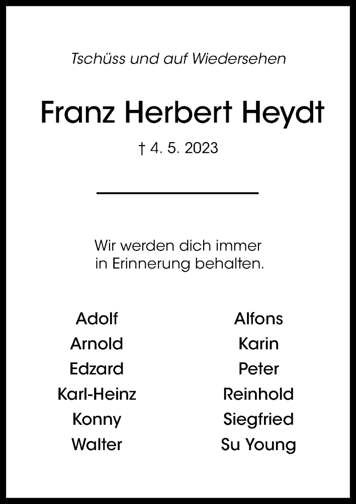  Traueranzeige für Franz Herbert Heydt vom 20.05.2023 aus Neue Osnabrücker Zeitung GmbH & Co. KG