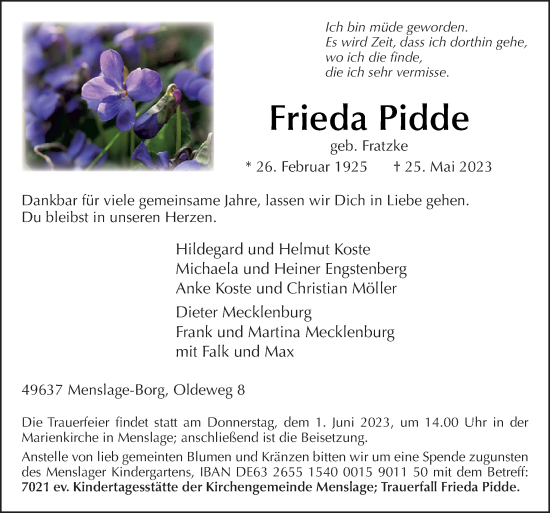 Traueranzeige von Frieda Pidde von Neue Osnabrücker Zeitung GmbH & Co. KG