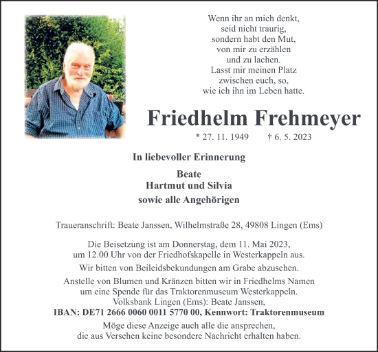 Traueranzeige von Friedhelm Frehmeyer von Neue Osnabrücker Zeitung GmbH & Co. KG