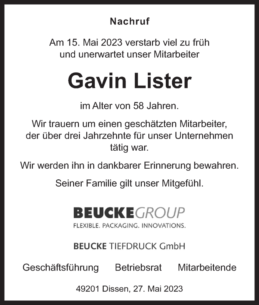  Traueranzeige für Gavin Lister vom 27.05.2023 aus Neue Osnabrücker Zeitung GmbH & Co. KG