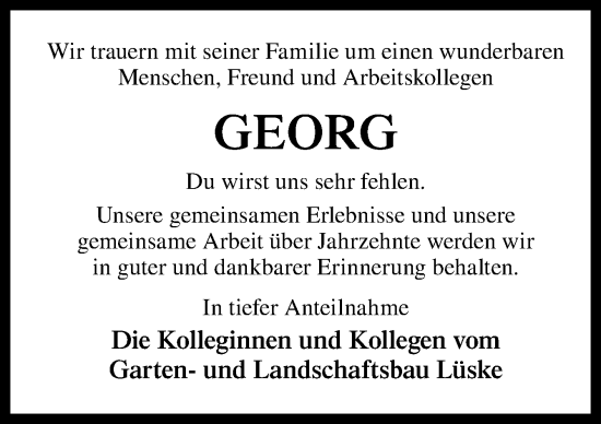Traueranzeige von Georg  von Neue Osnabrücker Zeitung GmbH & Co. KG