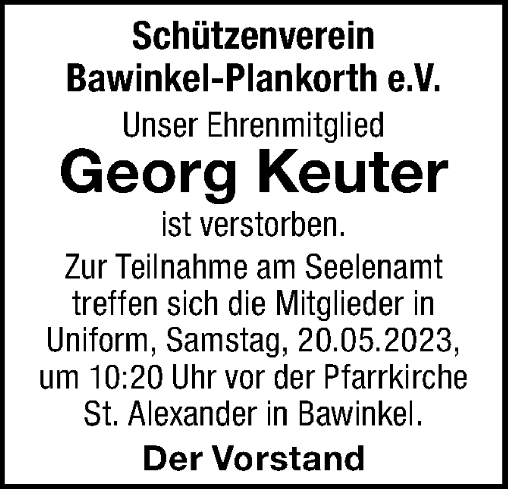  Traueranzeige für Georg Keuter vom 19.05.2023 aus Neue Osnabrücker Zeitung GmbH & Co. KG