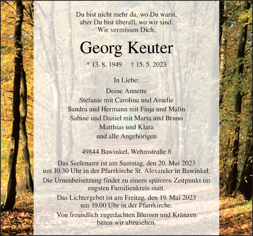  Traueranzeige für Georg Keuter vom 19.05.2023 aus Neue Osnabrücker Zeitung GmbH & Co. KG
