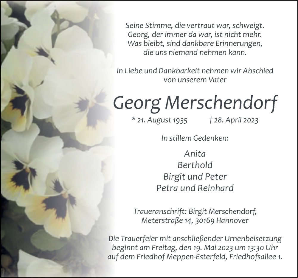  Traueranzeige für Georg Merschendorf vom 13.05.2023 aus Neue Osnabrücker Zeitung GmbH & Co. KG