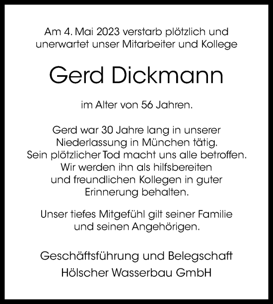 Traueranzeige von Gerd Dickmann von Neue Osnabrücker Zeitung GmbH & Co. KG