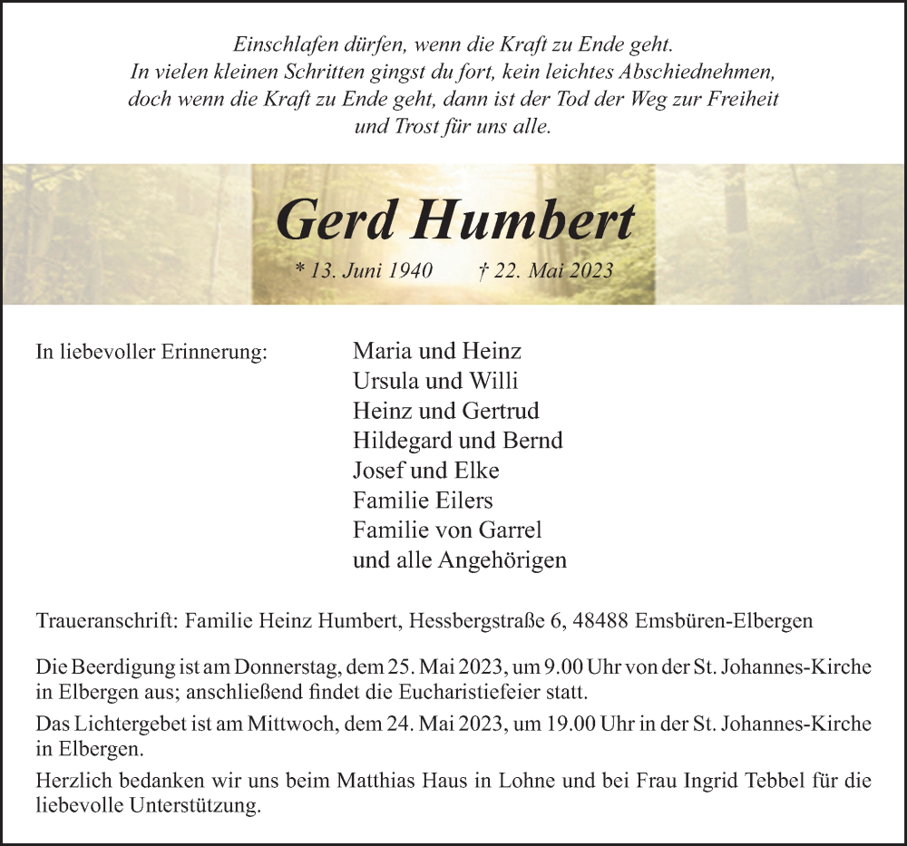  Traueranzeige für Gerd Humbert vom 24.05.2023 aus Neue Osnabrücker Zeitung GmbH & Co. KG