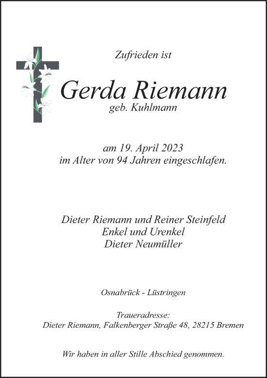 Traueranzeige von Gerda Riemann von Neue Osnabrücker Zeitung GmbH & Co. KG
