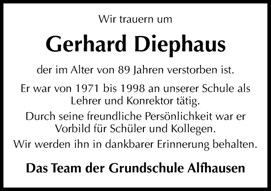 Traueranzeige von Gerhard Diephaus von Neue Osnabrücker Zeitung GmbH & Co. KG