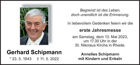 Traueranzeige von Gerhard Schipmann von Neue Osnabrücker Zeitung GmbH & Co. KG