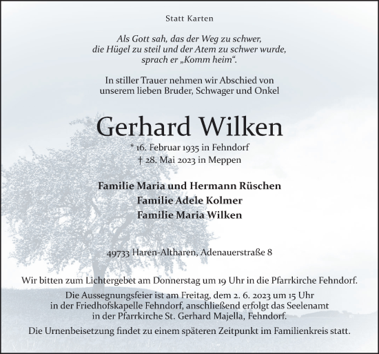 Traueranzeige von Gerhard Wilken von Neue Osnabrücker Zeitung GmbH & Co. KG