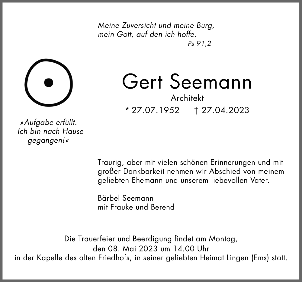  Traueranzeige für Gert Seemann vom 03.05.2023 aus Neue Osnabrücker Zeitung GmbH & Co. KG