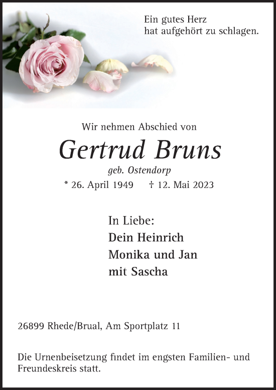 Traueranzeige von Gertrud Bruns von Neue Osnabrücker Zeitung GmbH & Co. KG