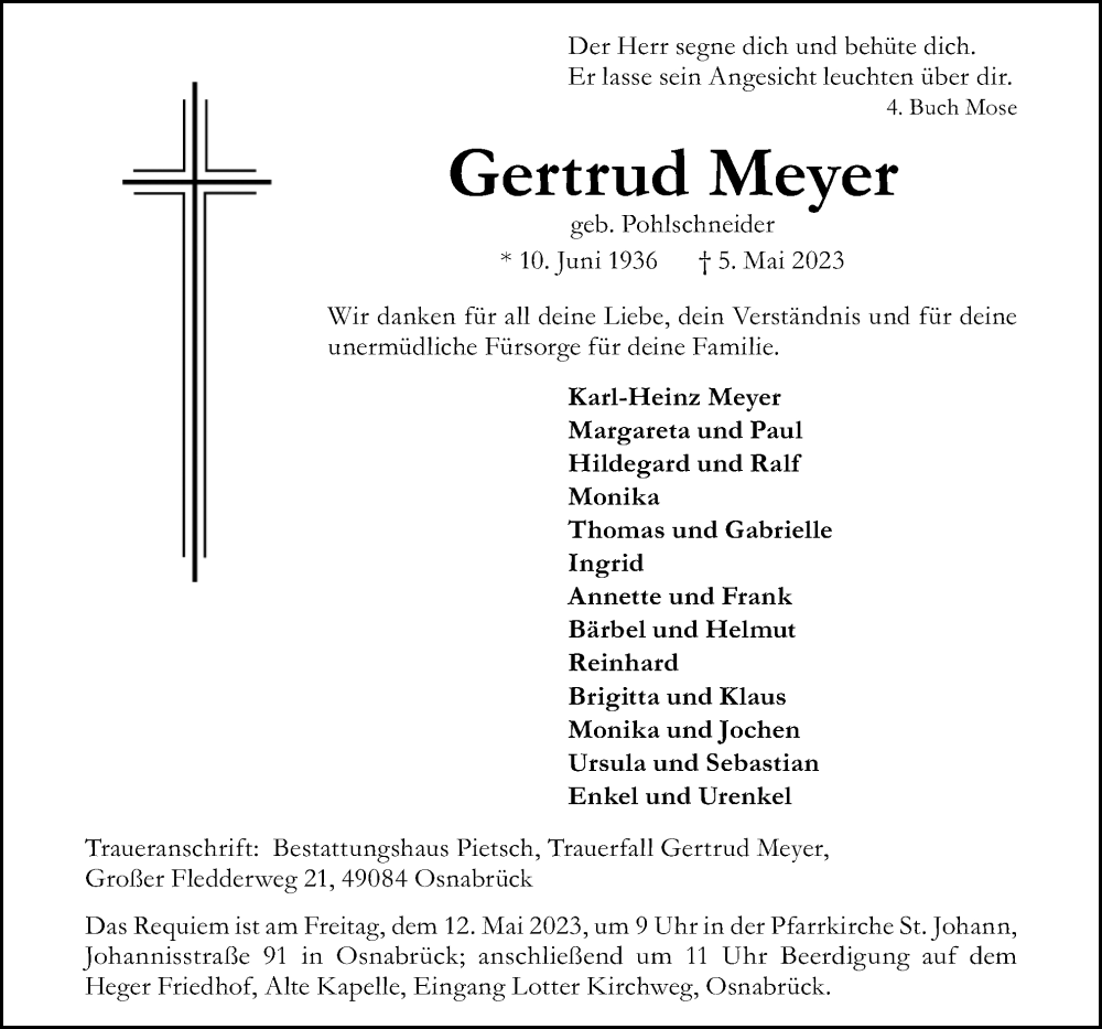  Traueranzeige für Gertrud Meyer vom 08.05.2023 aus Neue Osnabrücker Zeitung GmbH & Co. KG