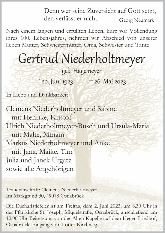 Traueranzeige von Gertrud Niederholtmeyer von Neue Osnabrücker Zeitung GmbH & Co. KG
