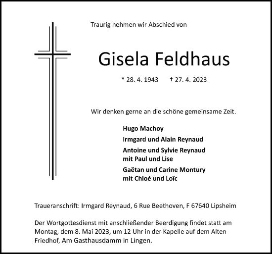 Traueranzeige von Gisela Feldhaus von Neue Osnabrücker Zeitung GmbH & Co. KG