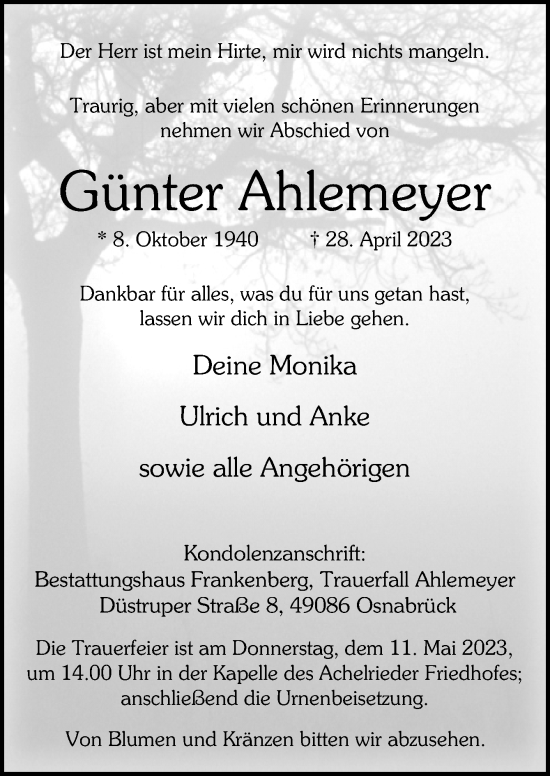 Traueranzeige von Günter Ahlemeyer von Neue Osnabrücker Zeitung GmbH & Co. KG