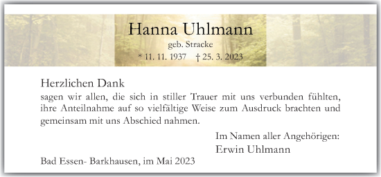 Traueranzeige von Hanna Uhlmann von Neue Osnabrücker Zeitung GmbH & Co. KG