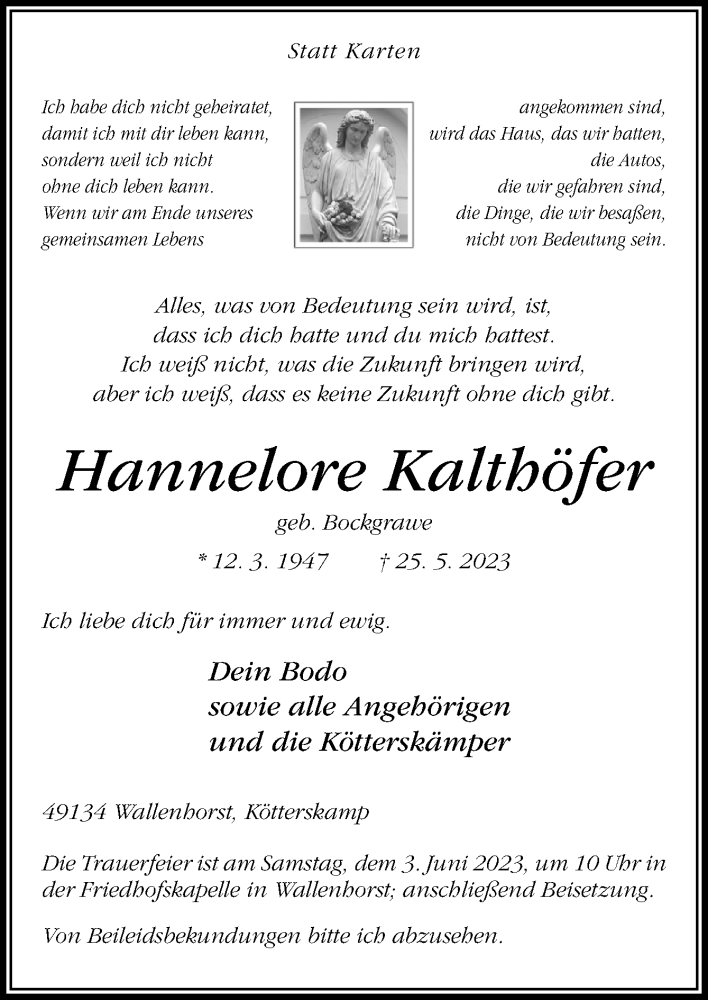  Traueranzeige für Hannelore Kalthöfer vom 31.05.2023 aus Neue Osnabrücker Zeitung GmbH & Co. KG