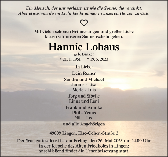 Traueranzeige von Hannie Lohaus von Neue Osnabrücker Zeitung GmbH & Co. KG