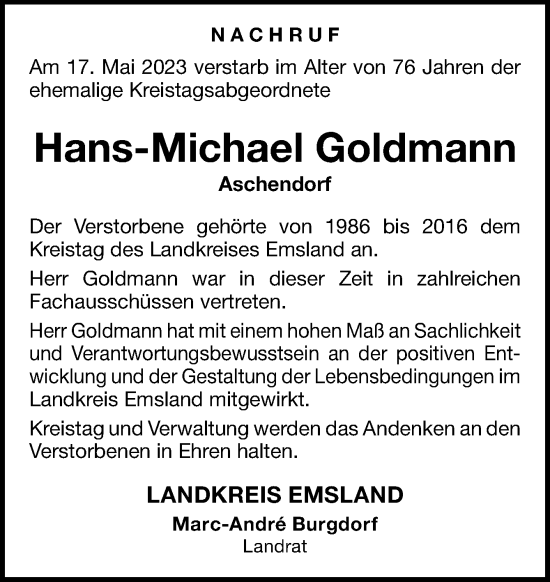 Traueranzeige von Hans-Michael Goldmann von Neue Osnabrücker Zeitung GmbH & Co. KG