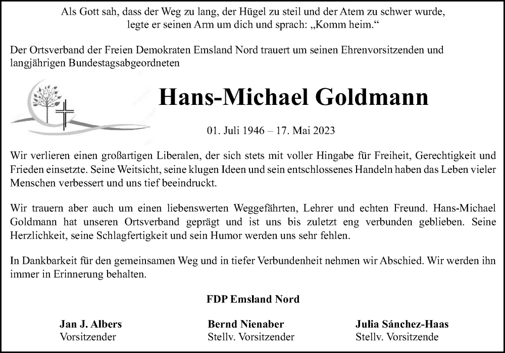  Traueranzeige für Hans-Michael Goldmann vom 23.05.2023 aus Neue Osnabrücker Zeitung GmbH & Co. KG