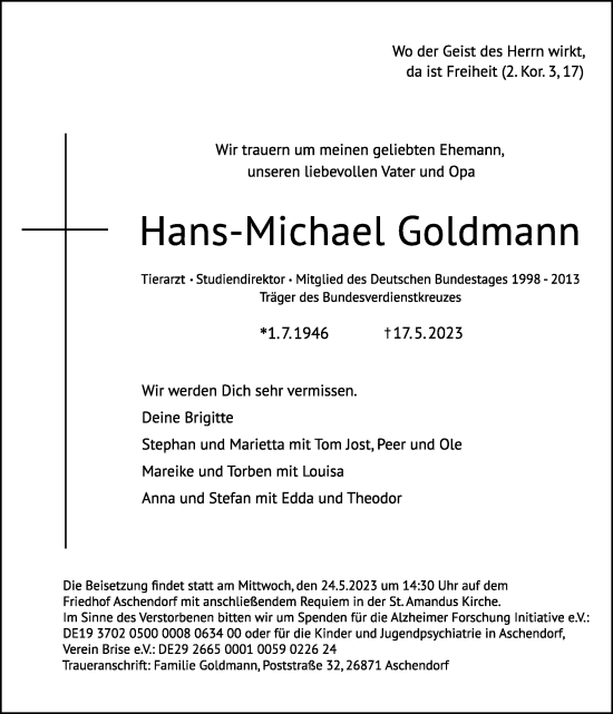 Traueranzeige von Hans-Michael Goldmann von Neue Osnabrücker Zeitung GmbH & Co. KG