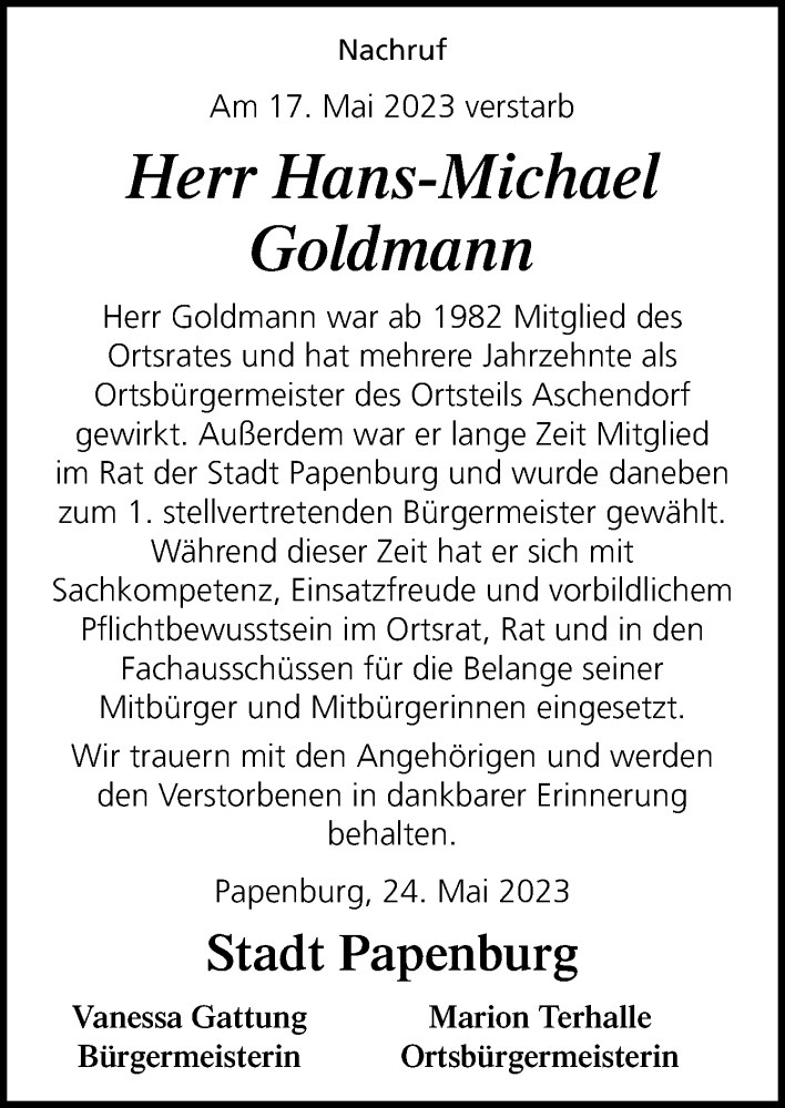  Traueranzeige für Hans-Michael Goldmann vom 24.05.2023 aus Neue Osnabrücker Zeitung GmbH & Co. KG