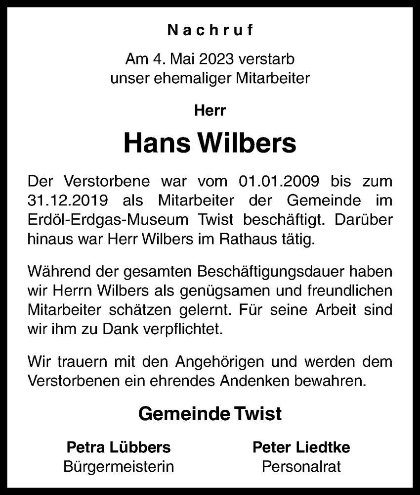  Traueranzeige für Hans Wilbers vom 12.05.2023 aus Neue Osnabrücker Zeitung GmbH & Co. KG