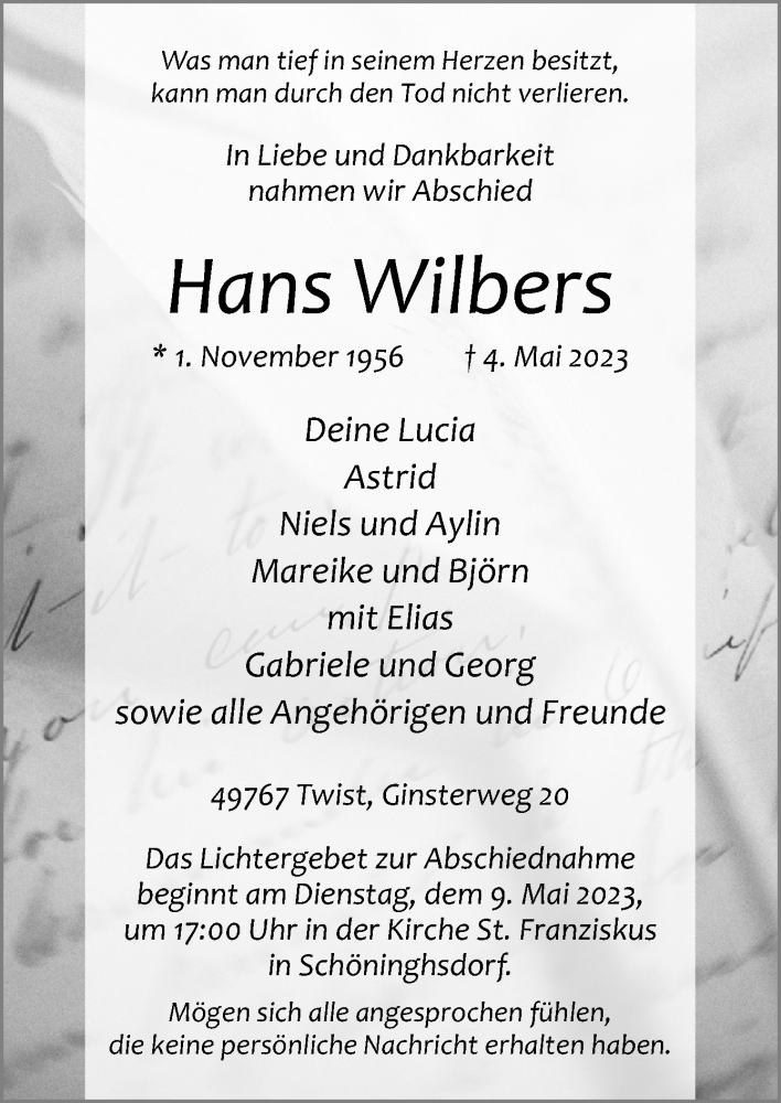  Traueranzeige für Hans Wilbers vom 08.05.2023 aus Neue Osnabrücker Zeitung GmbH & Co. KG