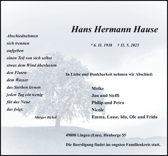 Traueranzeige von Hans Hermann Hause von Neue Osnabrücker Zeitung GmbH & Co. KG