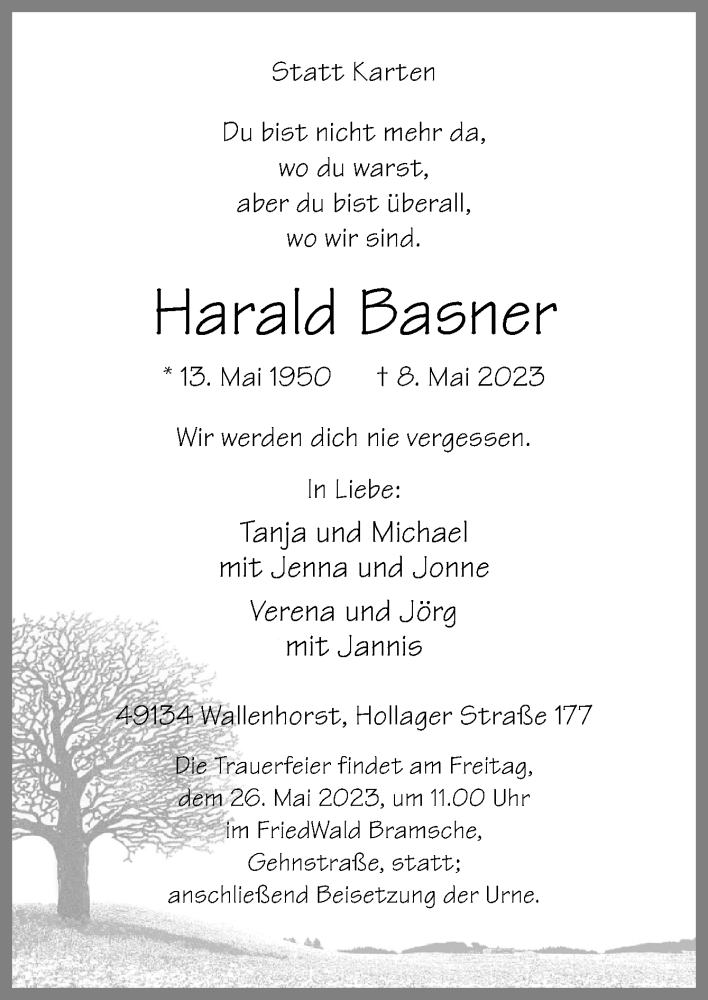  Traueranzeige für Harald Basner vom 20.05.2023 aus Neue Osnabrücker Zeitung GmbH & Co. KG