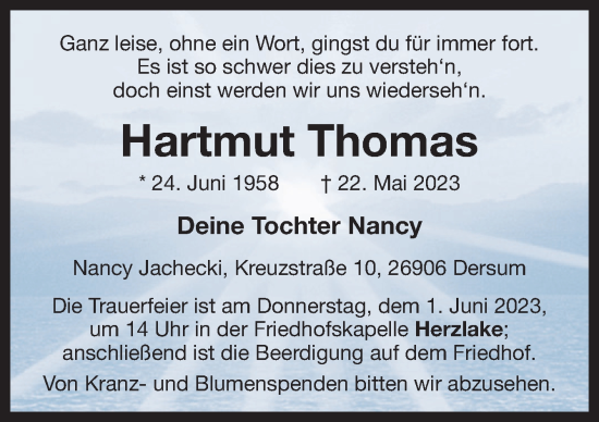 Traueranzeige von Hartmut Thomas von Neue Osnabrücker Zeitung GmbH & Co. KG