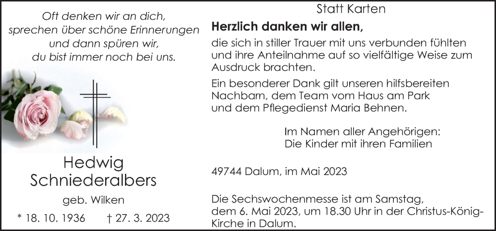  Traueranzeige für Hedwig Schniederalbers vom 03.05.2023 aus Neue Osnabrücker Zeitung GmbH & Co. KG