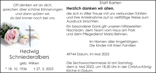 Traueranzeige von Hedwig Schniederalbers von Neue Osnabrücker Zeitung GmbH & Co. KG