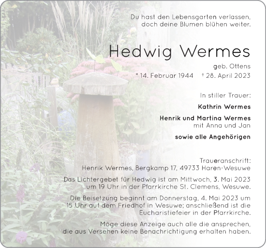 Traueranzeige von Hedwig Wermes von Neue Osnabrücker Zeitung GmbH & Co. KG