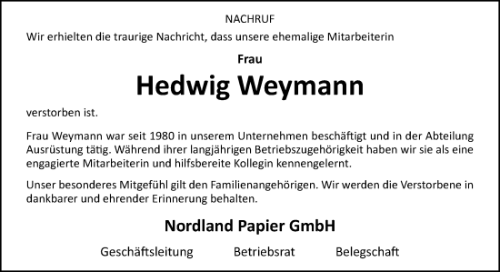 Traueranzeige von Hedwig Weymann von Neue Osnabrücker Zeitung GmbH & Co. KG
