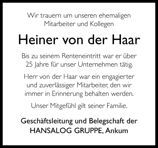 Traueranzeige von Heiner von der Haar von Neue Osnabrücker Zeitung GmbH & Co. KG