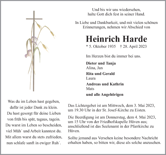 Traueranzeige von Heinrich Harde von Neue Osnabrücker Zeitung GmbH & Co. KG