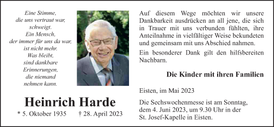 Traueranzeige von Heinrich Harde von Neue Osnabrücker Zeitung GmbH & Co. KG