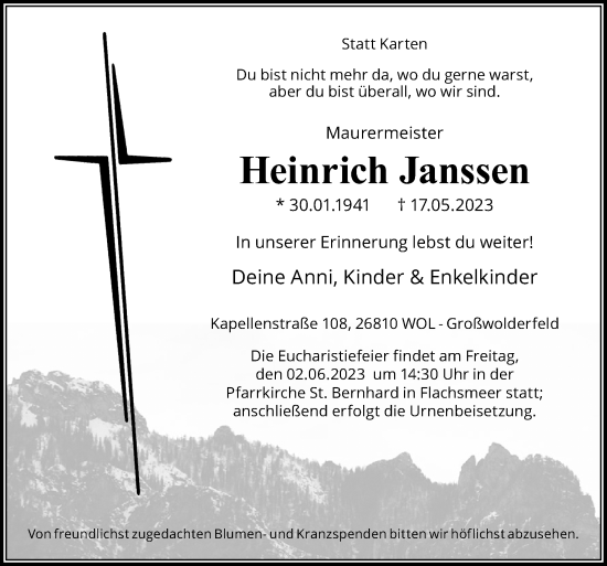 Traueranzeige von Heinrich Janssen von Neue Osnabrücker Zeitung GmbH & Co. KG