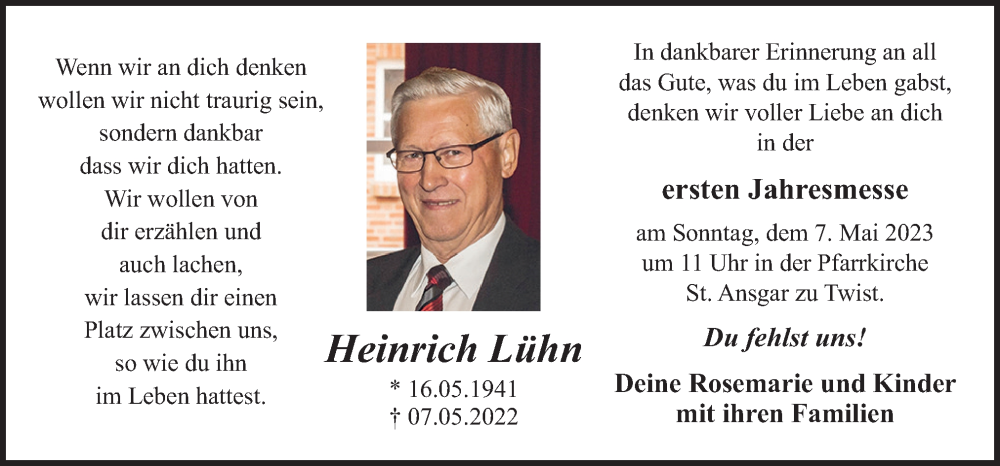  Traueranzeige für Heinrich Lühn vom 03.05.2023 aus Neue Osnabrücker Zeitung GmbH & Co. KG