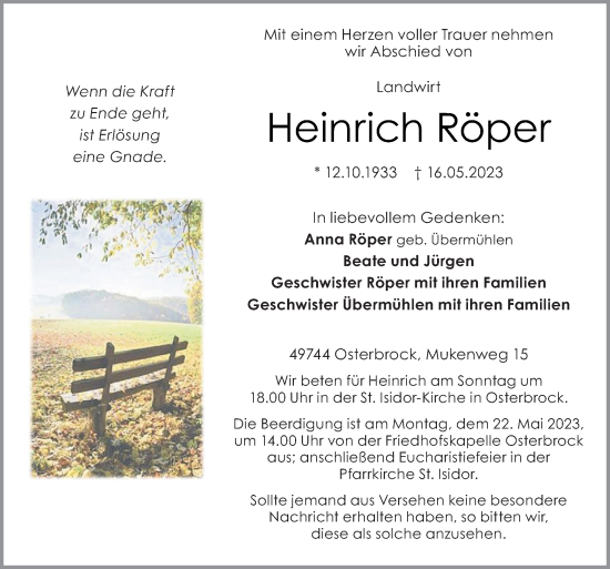 Traueranzeige von Heinrich Röper von Neue Osnabrücker Zeitung GmbH & Co. KG