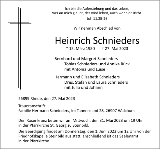 Traueranzeige von Heinrich Schnieders von Neue Osnabrücker Zeitung GmbH & Co. KG