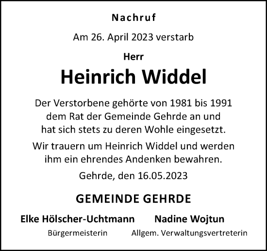 Traueranzeige von Heinrich Widdel von Neue Osnabrücker Zeitung GmbH & Co. KG