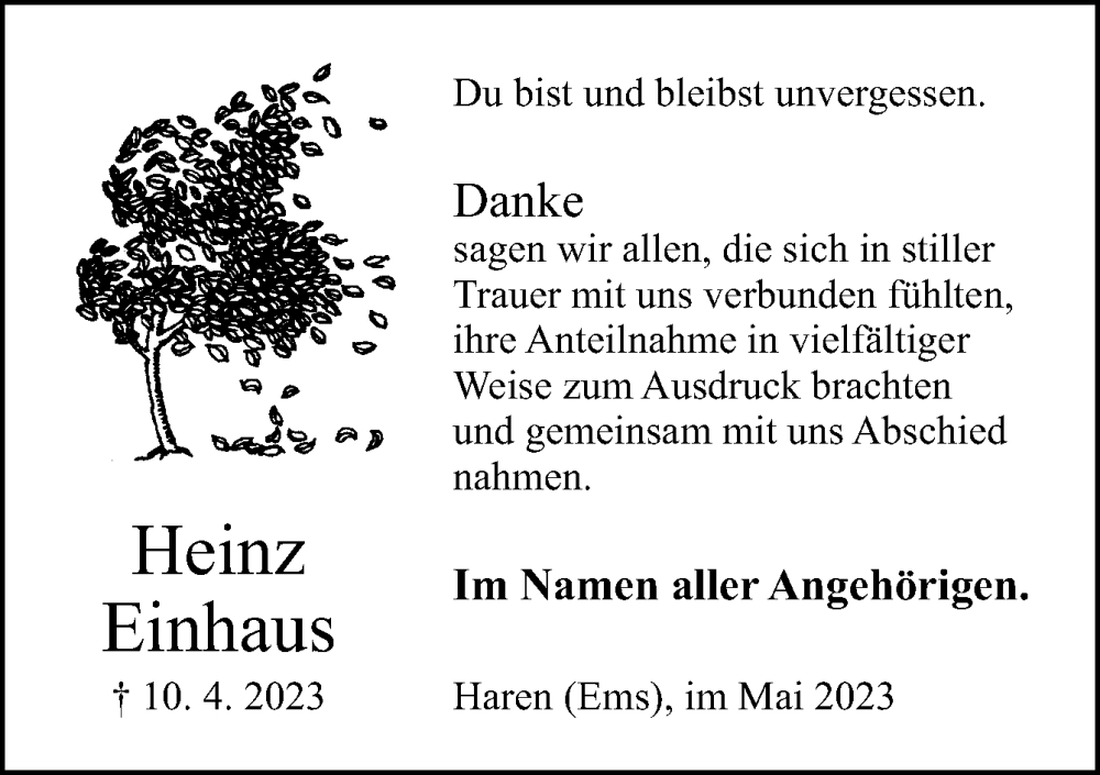  Traueranzeige für Heinz Einhaus vom 17.05.2023 aus Neue Osnabrücker Zeitung GmbH & Co. KG