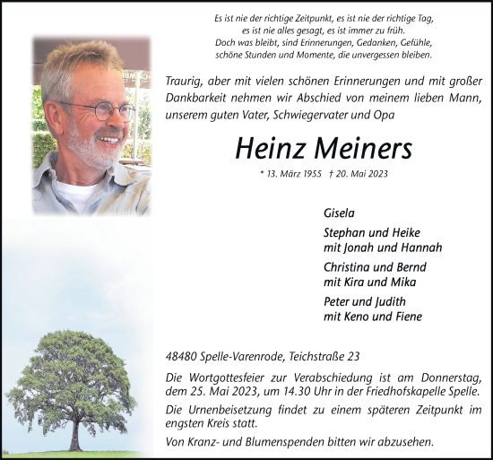 Traueranzeige von Heinz Meiners von Neue Osnabrücker Zeitung GmbH & Co. KG
