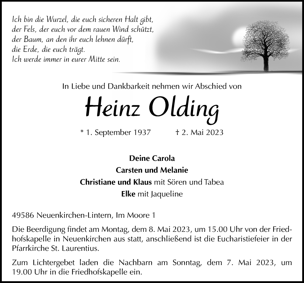  Traueranzeige für Heinz Olding vom 05.05.2023 aus Neue Osnabrücker Zeitung GmbH & Co. KG