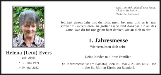 Traueranzeige von Helena Evers von Neue Osnabrücker Zeitung GmbH & Co. KG